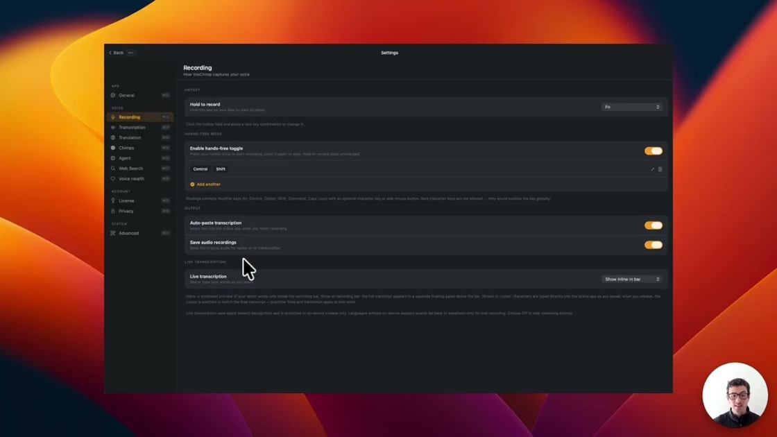 VoxChimp dictating speech into a Mac app